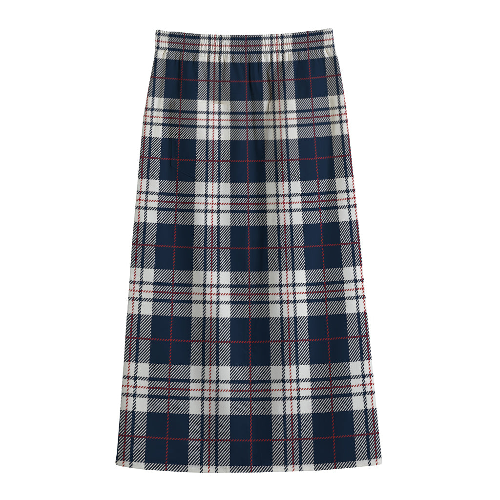 Blue White And Red Tartan Pattern Print Cotton Front Slit Maxi Skirt