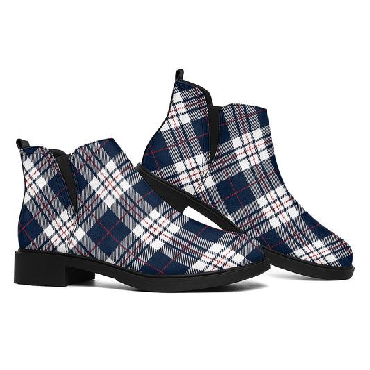 Blue White And Red Tartan Pattern Print Flat Ankle Boots
