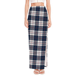 Blue White And Red Tartan Pattern Print High Slit Maxi Skirt