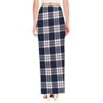 Blue White And Red Tartan Pattern Print High Slit Maxi Skirt