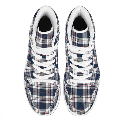 Blue White And Red Tartan Pattern Print High Top Leather Sneakers