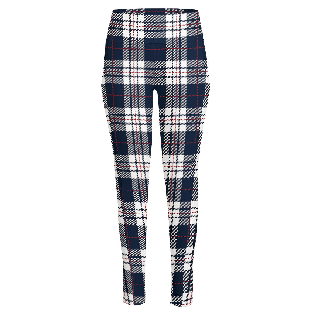 Blue White And Red Tartan Pattern Print High-Waisted Pocket Leggings