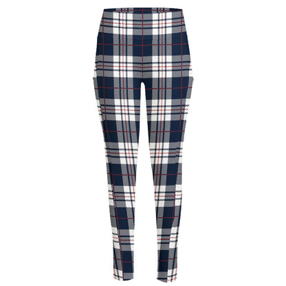 Blue White And Red Tartan Pattern Print High-Waisted Pocket Leggings