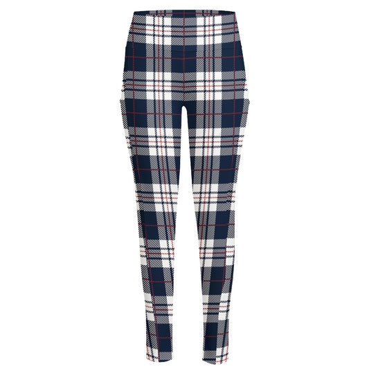 Blue White And Red Tartan Pattern Print High-Waisted Pocket Leggings