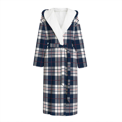 Blue White And Red Tartan Pattern Print Hooded Bathrobe
