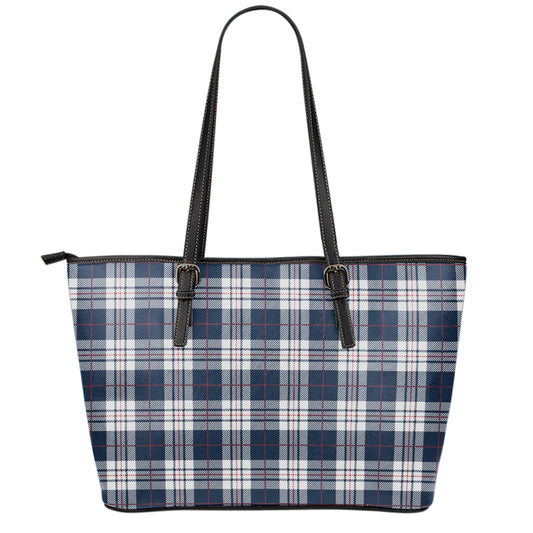 Blue White And Red Tartan Pattern Print Leather Tote Bag
