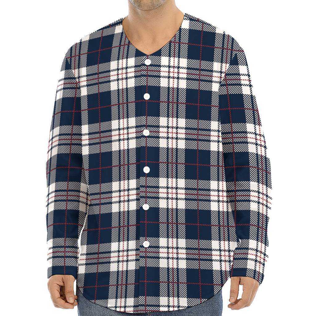 Blue White And Red Tartan Pattern Print Long Sleeve Baseball Jersey