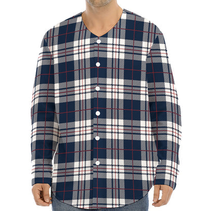 Blue White And Red Tartan Pattern Print Long Sleeve Baseball Jersey