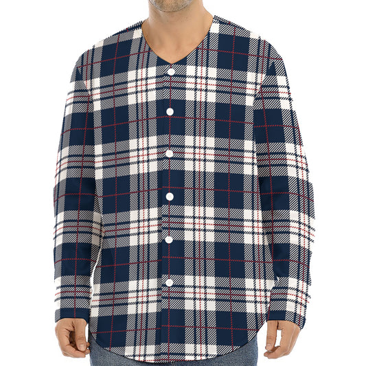 Blue White And Red Tartan Pattern Print Long Sleeve Baseball Jersey
