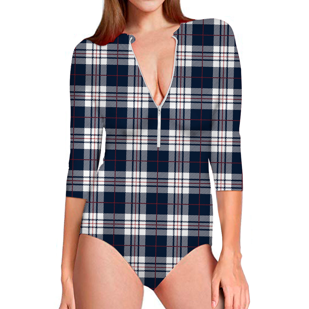 Blue White And Red Tartan Pattern Print Long Sleeve Swimsuit