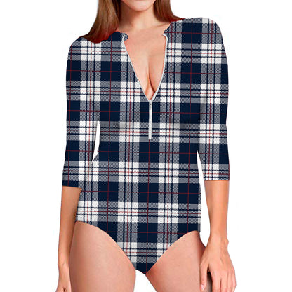 Blue White And Red Tartan Pattern Print Long Sleeve Swimsuit
