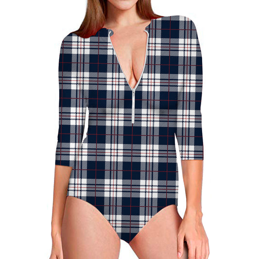 Blue White And Red Tartan Pattern Print Long Sleeve Swimsuit