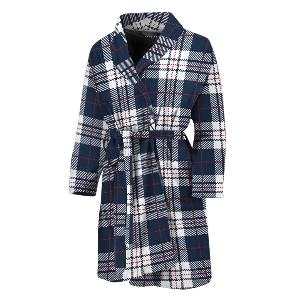 Blue White And Red Tartan Pattern Print Men's Bathrobe