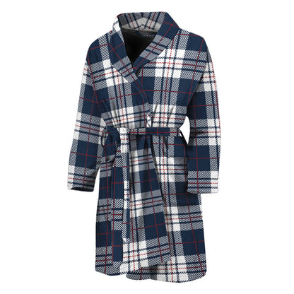 Blue White And Red Tartan Pattern Print Men's Bathrobe