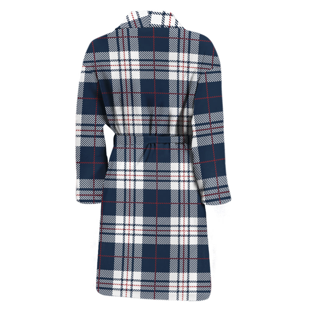 Blue White And Red Tartan Pattern Print Men's Bathrobe