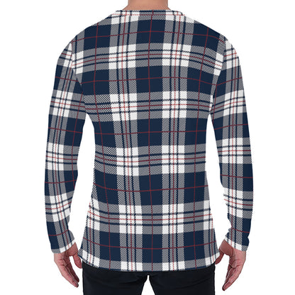 Blue White And Red Tartan Pattern Print Men's Long Sleeve T-Shirt
