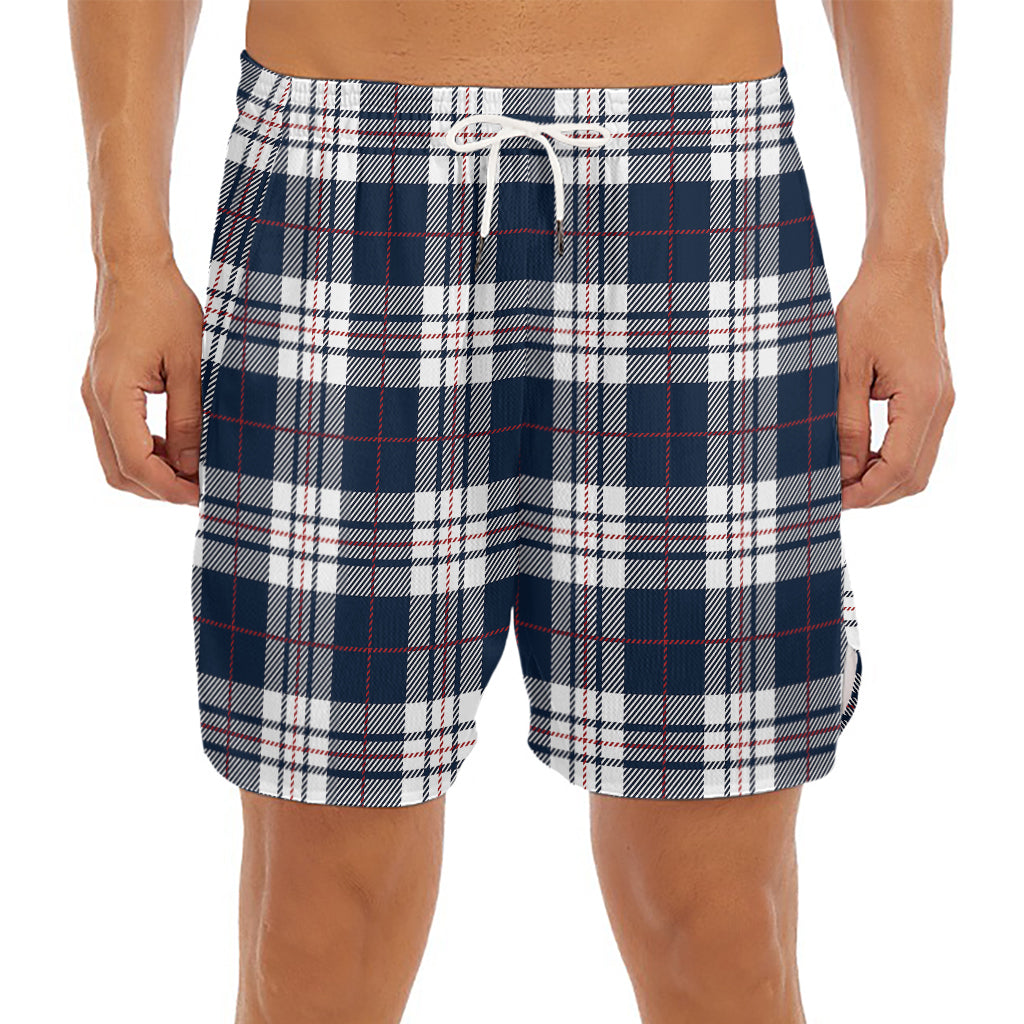 Blue White And Red Tartan Pattern Print Men's Split Running Shorts