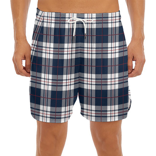 Blue White And Red Tartan Pattern Print Men's Split Running Shorts