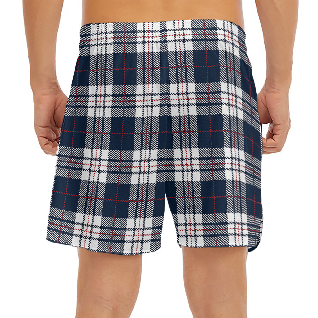 Blue White And Red Tartan Pattern Print Men's Split Running Shorts
