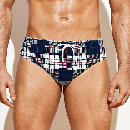 Blue White And Red Tartan Pattern Print Men's Swim Briefs