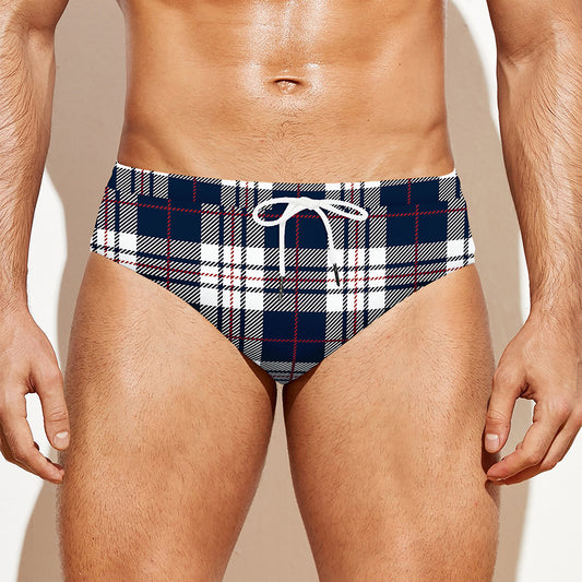 Blue White And Red Tartan Pattern Print Men's Swim Briefs