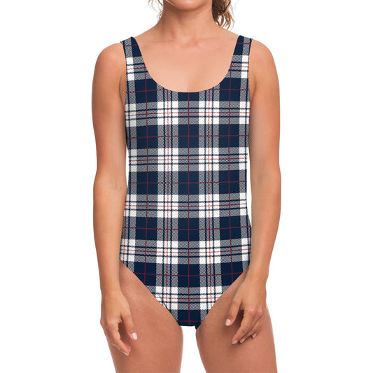 Blue White And Red Tartan Pattern Print One Piece Swimsuit