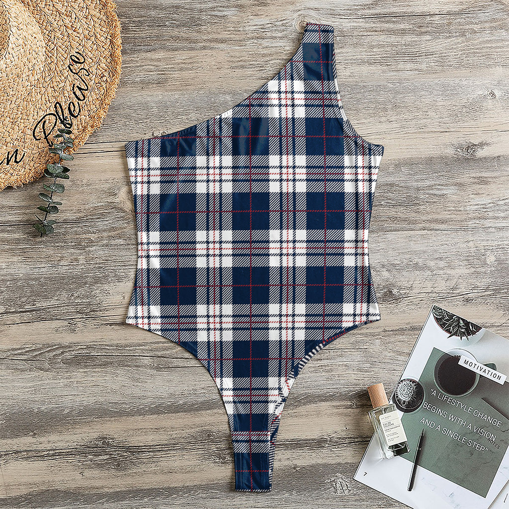 Blue White And Red Tartan Pattern Print One Shoulder Bodysuit