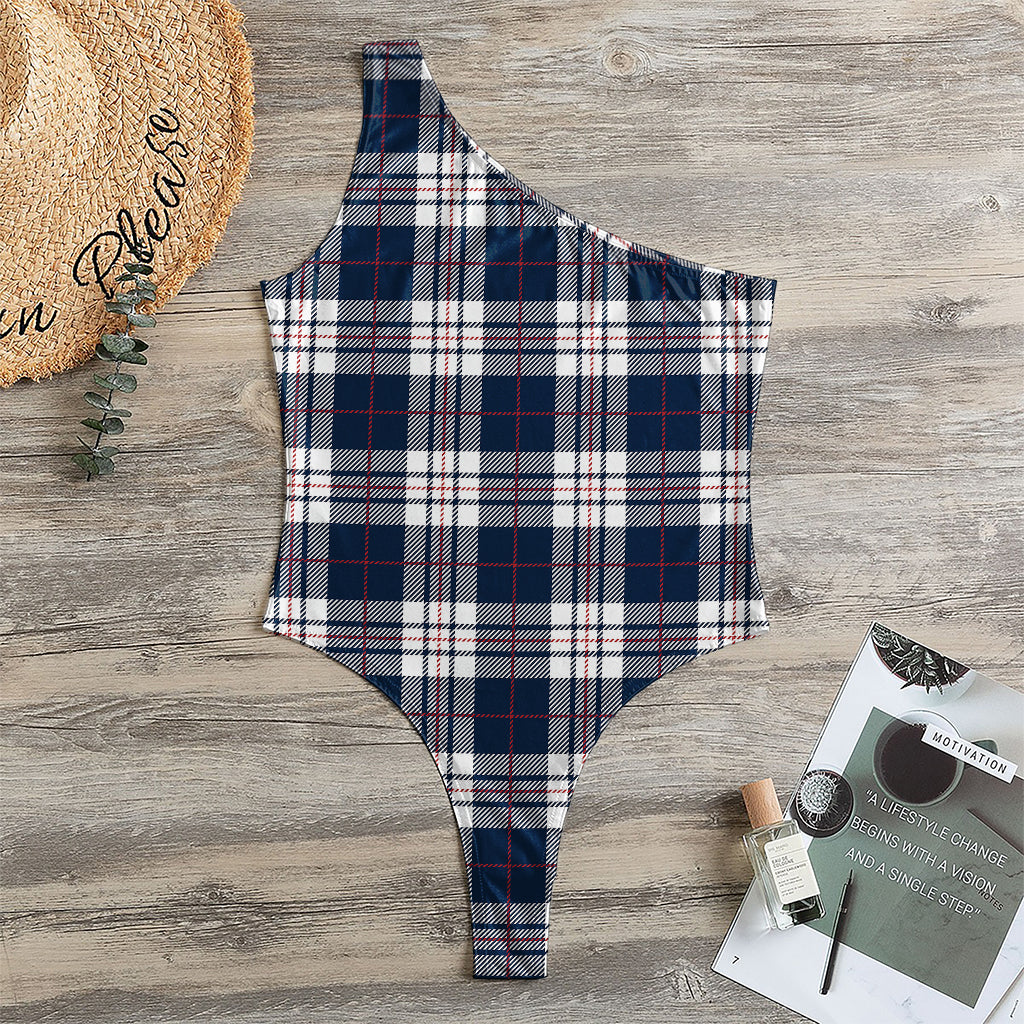 Blue White And Red Tartan Pattern Print One Shoulder Bodysuit