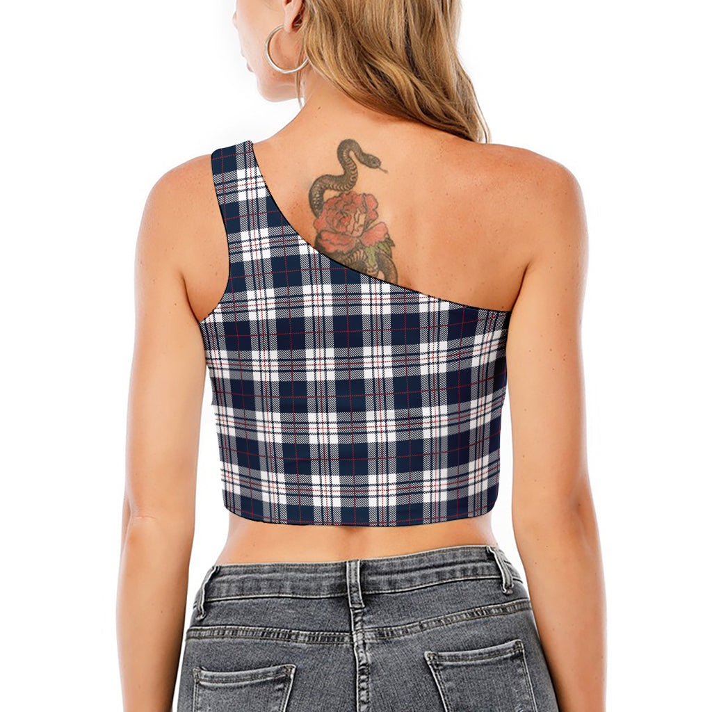 Blue White And Red Tartan Pattern Print One Shoulder Crop Top