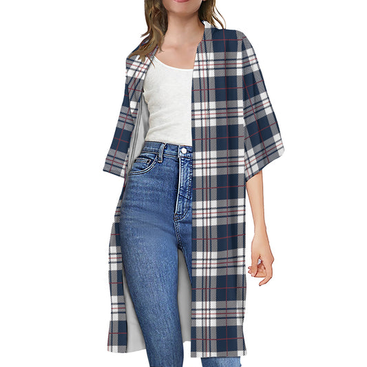 Blue White And Red Tartan Pattern Print Open Front Beach Cover Up