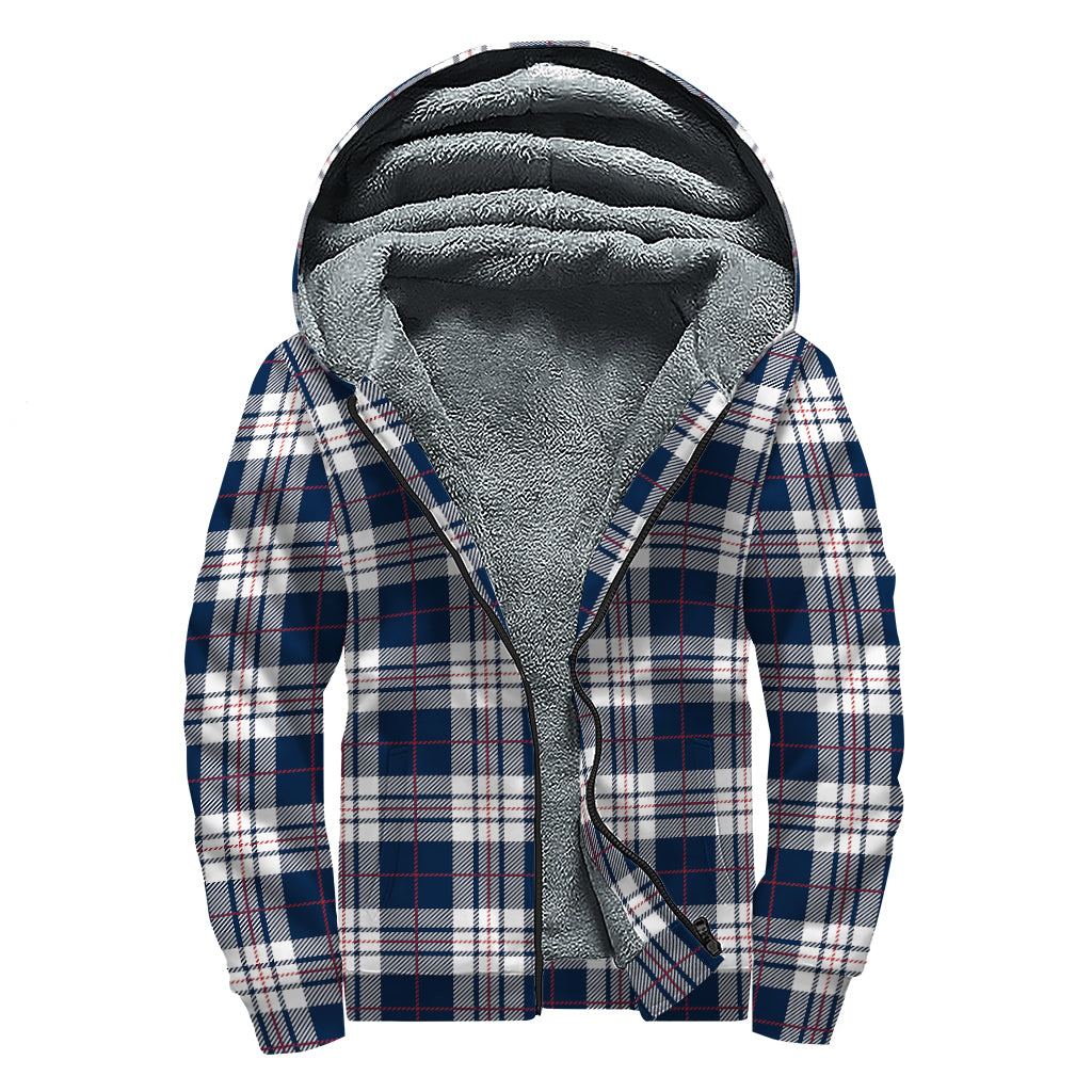 Blue White And Red Tartan Pattern Print Sherpa Lined Zip Up Hoodie
