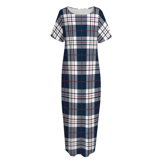 Blue White And Red Tartan Pattern Print Short Sleeve Long Nightdress