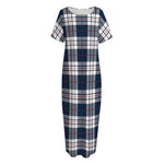 Blue White And Red Tartan Pattern Print Short Sleeve Long Nightdress