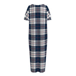 Blue White And Red Tartan Pattern Print Short Sleeve Long Nightdress