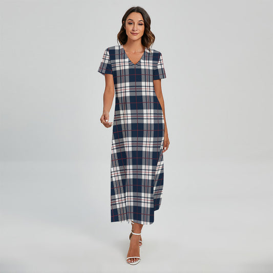 Blue White And Red Tartan Pattern Print Short Sleeve Maxi Dress
