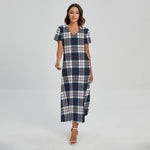 Blue White And Red Tartan Pattern Print Short Sleeve Maxi Dress