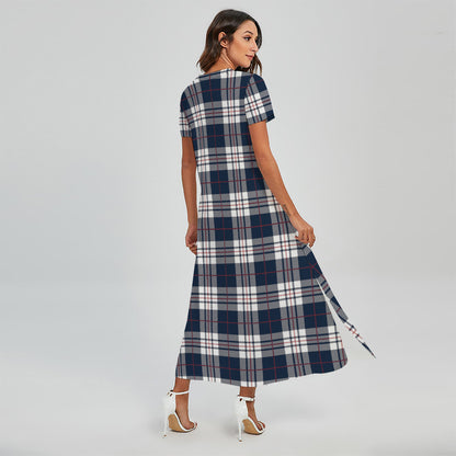 Blue White And Red Tartan Pattern Print Short Sleeve Maxi Dress
