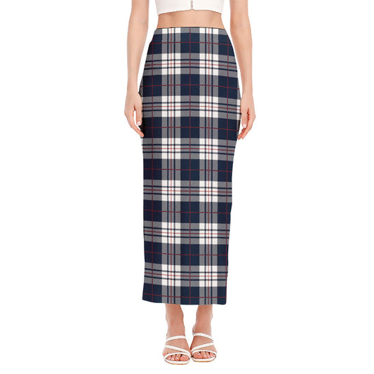 Blue White And Red Tartan Pattern Print Side Slit Maxi Skirt