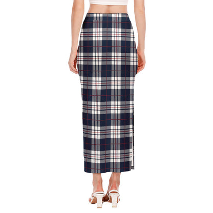 Blue White And Red Tartan Pattern Print Side Slit Maxi Skirt