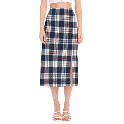 Blue White And Red Tartan Pattern Print Side Slit Midi Skirt