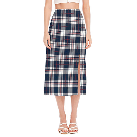 Blue White And Red Tartan Pattern Print Side Slit Midi Skirt