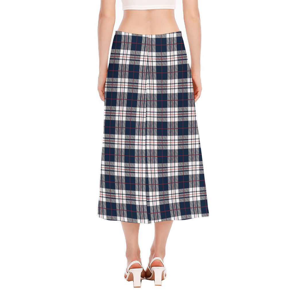 Blue White And Red Tartan Pattern Print Side Slit Midi Skirt