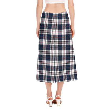 Blue White And Red Tartan Pattern Print Side Slit Midi Skirt