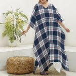 Blue White And Red Tartan Pattern Print Silk V-Neck Kaftan Dress