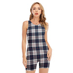 Blue White And Red Tartan Pattern Print Sleeveless One Piece Swimsuit