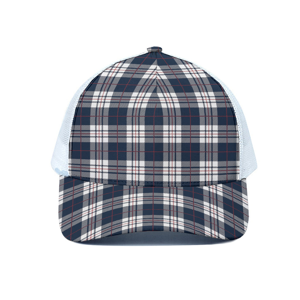 Blue White And Red Tartan Pattern Print White Mesh Trucker Cap