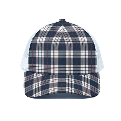 Blue White And Red Tartan Pattern Print White Mesh Trucker Cap