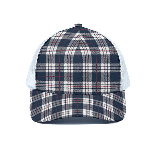 Blue White And Red Tartan Pattern Print White Mesh Trucker Cap