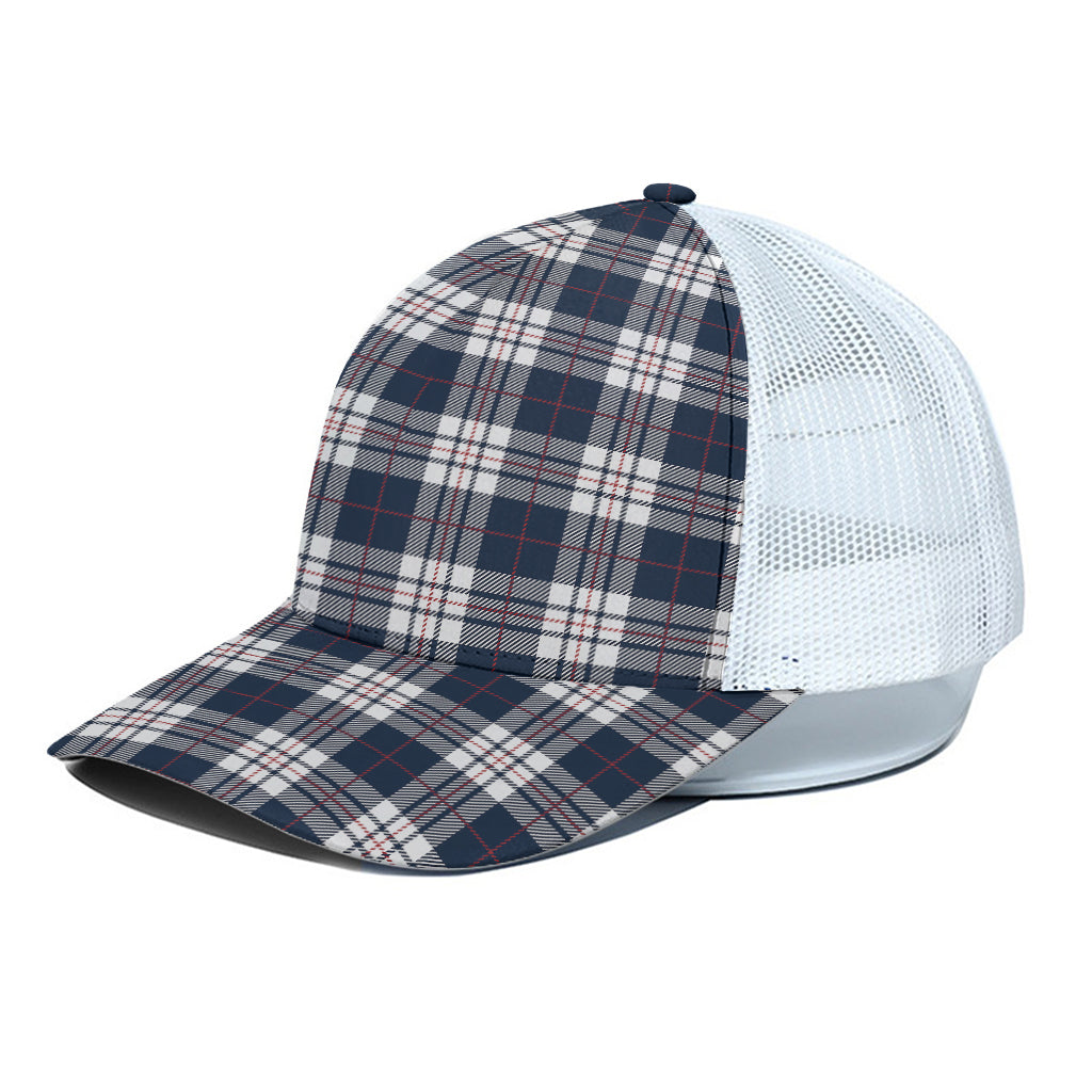 Blue White And Red Tartan Pattern Print White Mesh Trucker Cap