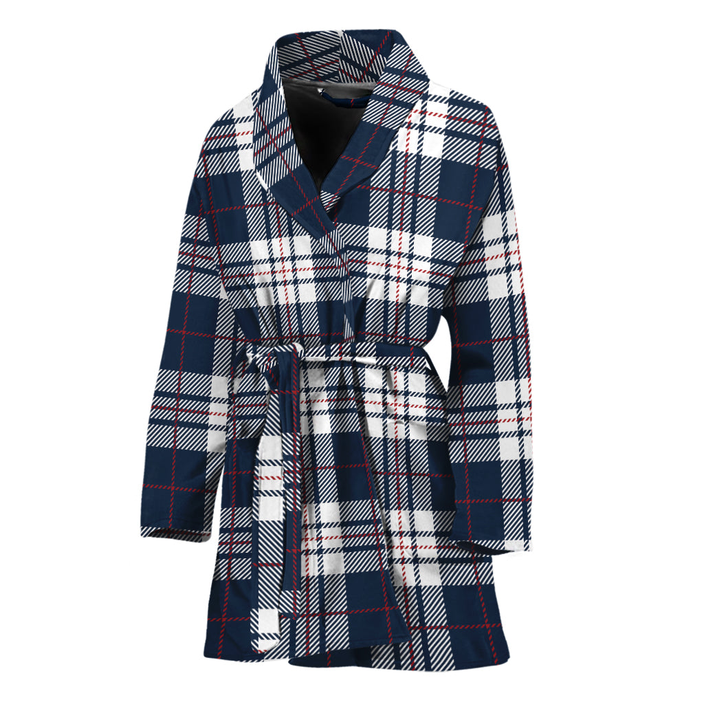 Blue White And Red Tartan Pattern Print Women's Bathrobe